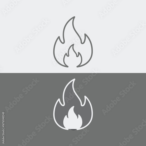 Simple line art illustration of a flame, presented in two tones of gray.