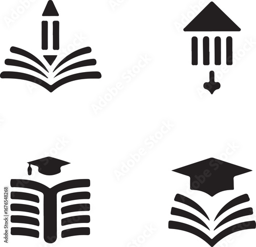 Collection of Education Icons Open Books Symbolizing Learning, Knowledge and Academic Achievement, Vector Design