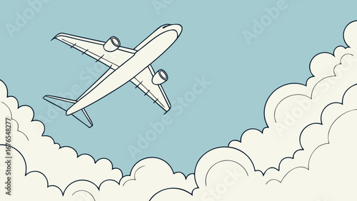 Airplane Flying Through Clouds - Simple Illustration of Aircraft in Blue Sky with White Fluffy Clouds, Travel Concept