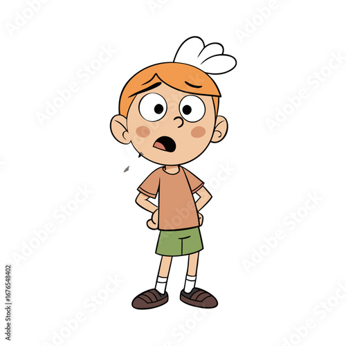 Surprised Boy Cartoon Character with Butterfly - Shocked Kid with Wide Eyes and Open Mouth, Children's Emotion Illustration
