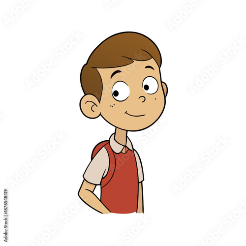 Boy in Red Vest Cartoon Character - Child Looking to the Side with a Slight Smile, Children's Illustration