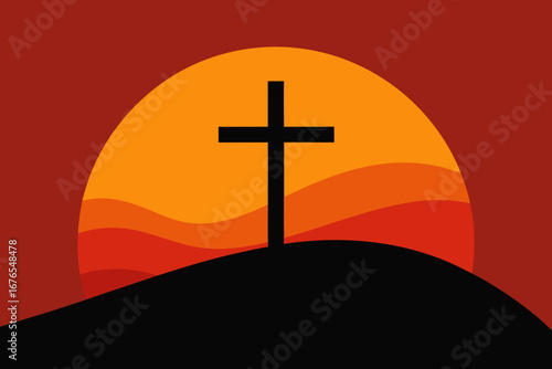 Christian Cross Silhouette on Hill against Vibrant Sunset Background