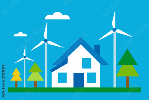 Eco-Friendly House with Wind Turbines and Green Energy Illustration