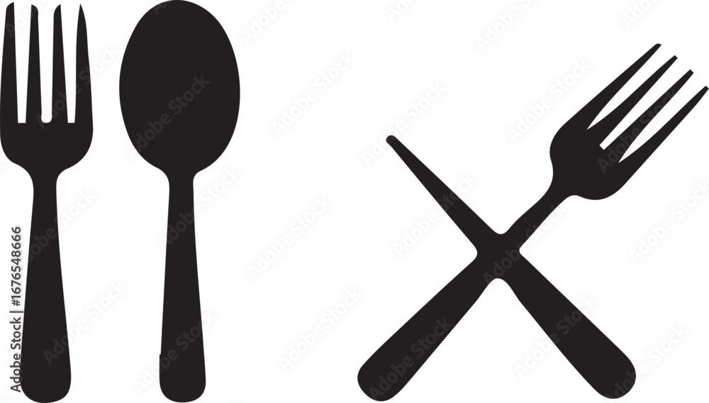 Fototapeta premium A minimalist black and white icon set of cutlery silhouettes, featuring a fork and spoon pair and two crossed forks for dining concepts.