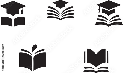 Academic Success Open Book and Graduation Cap Symbol Set for Educational Graphics
