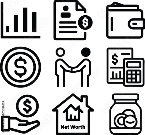 Financial planning wealth management icons set business investment finance success growth prosperity symbols