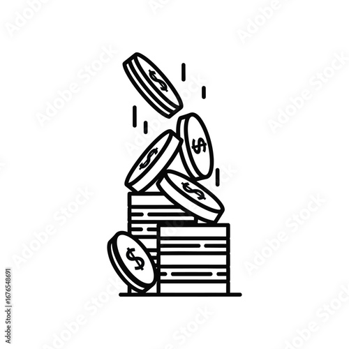 Falling Coin Accumulation: Line art representation of coins cascading into a neat stack, illustrating concepts of financial growth and savings.