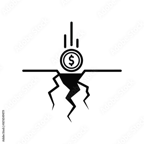 Financial Downfall: A stark black and white depiction of financial collapse. A dollar coin descends into a fissure, symbolizing economic instability and risk.
