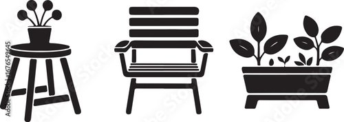 Minimalist icon set of garden furniture and plants. Black silhouette vector symbols of a patio chair, planter, and stool with vase.