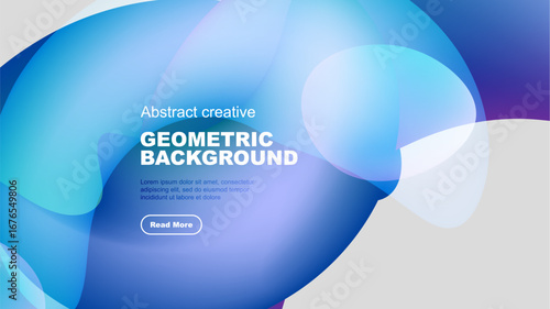 Fluid shapes overlap, creating vibrant blue gradient background. Text promotes geometric design, inviting further exploration.