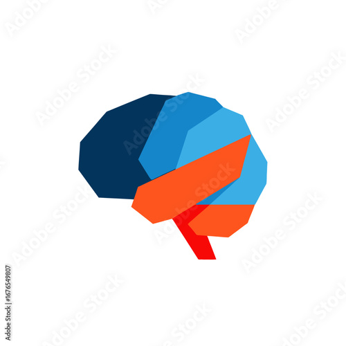 Stylized geometric illustration of a human brain in vibrant blue, orange, and red hues on a white background, representing cognition and thought.