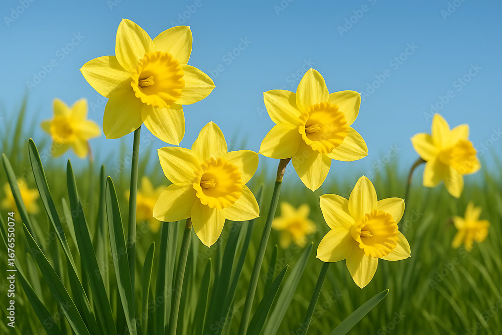 Fototapeta premium Yellow Daffodil Flowers Blooming Under Blue Sky
