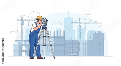 Construction Worker Using Surveying Equipment - Cityscape Background