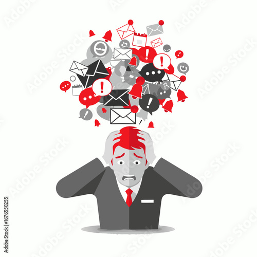 Businessman stressed by too many social media messages and notifications