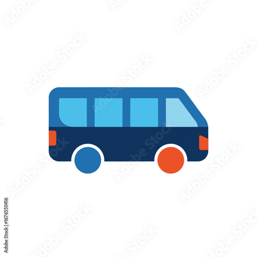 Simple illustration of a blue minibus, side view, transportation icon.