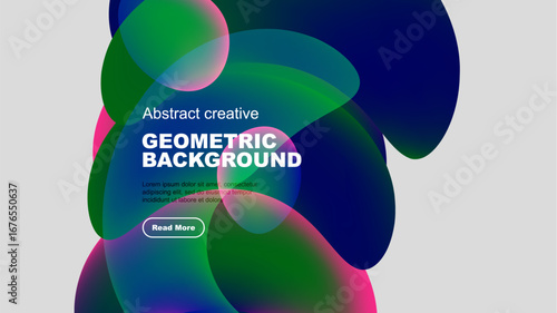 Abstract colorful shapes overlap, creating dynamic geometric background. Text block present with button. Modern design elements visible.