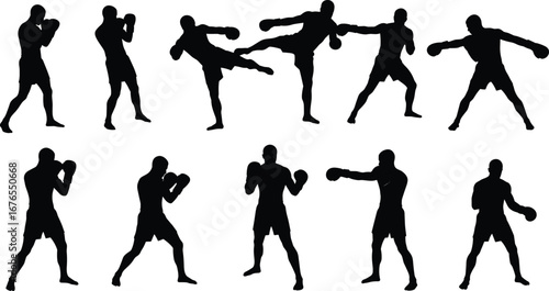 Boxing silhouettes showing various fighting stances and martial arts techniques, male athletes training, combat sport, kickboxing and punching movements.