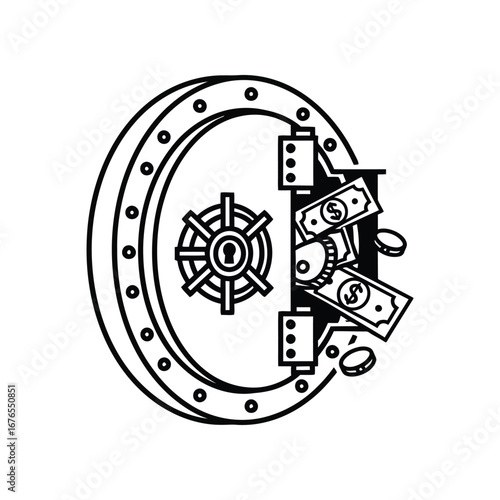 Secure Investments: This illustration depicts a strong, circular safe door, with a partially open door revealing money inside, symbolizing financial security.