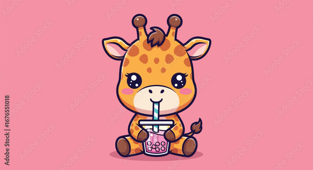 Obraz premium Cartoon Giraffe Drinking Bubble Tea - Cute Animal Illustration
