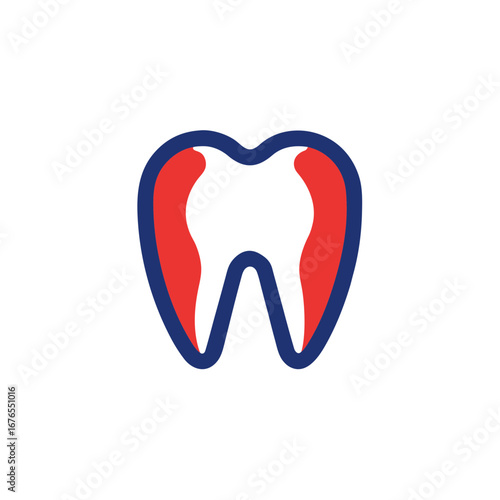 Stylized tooth with red and blue outline on white on transparent background