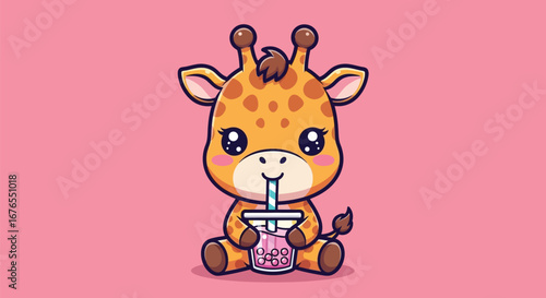 Cartoon Giraffe Drinking Bubble Tea - Cute Animal Illustration