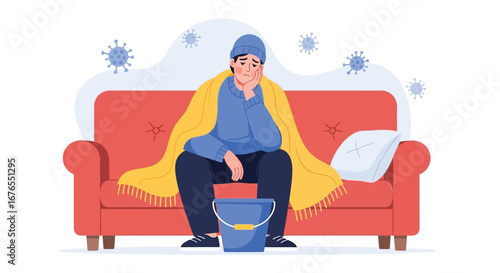 Ill Person Sitting on Couch with Blanket - Feeling Unwell