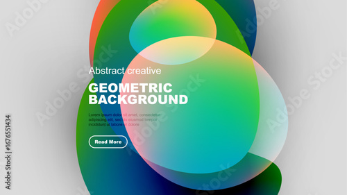 Vibrant abstract shapes overlap, creating colorful geometric background. Text elements present design details, inviting exploration.