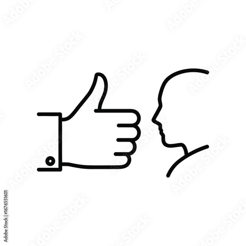 Thumbs Up Icon: A modern, simple illustration of a hand giving a thumbs up next to the silhouette of a person's head, symbolizing approval and positive feedback.