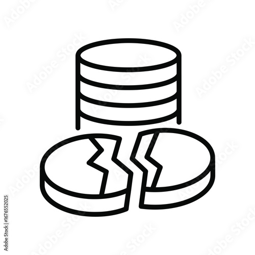 Economic Downturn: A visual depiction of financial instability, illustrating a cracked coin beside a stack of currency symbolizing economic challenges and potential failure.