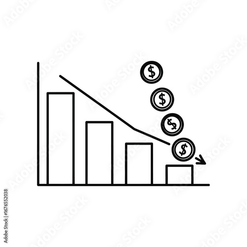 Declining Financial Trend: This image showcases a downward financial trend, visualized by a bar graph with decreasing columns, further emphasized by falling dollar coins.