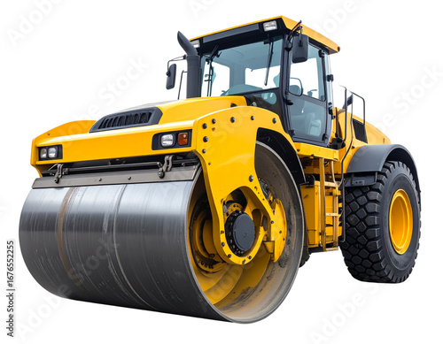  Dynamic Three-Quarter Perspective of Road Roller with Raised Front Drum, isolated on white background
