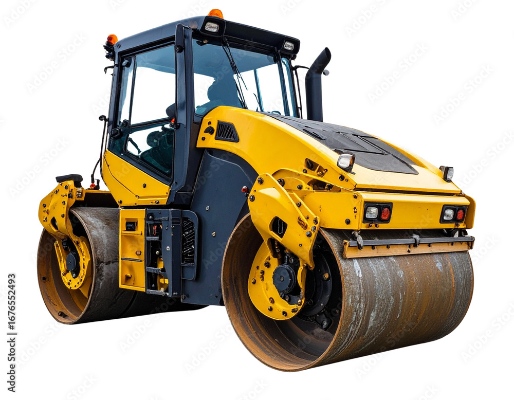 Fototapeta premium Side Angle of Modern Road Roller with Operator Cabin, isolated on transparent background