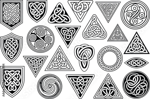 Intricate Celtic Knotwork and Tribal Tattoo Design Collection – Black and White Shields, Triskelions, and Abstract Patterns for Tattoo Art, Branding, and Decorative Graphic Projects