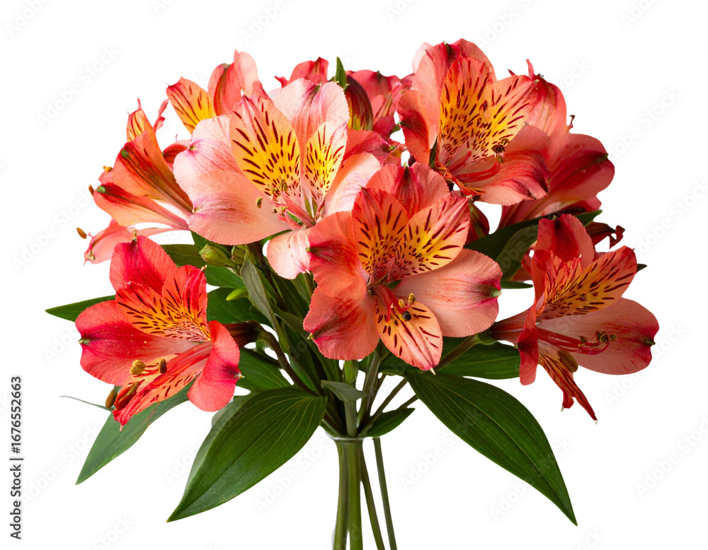 Obraz premium Side-Angled Bouquet of Alstroemeria Flowers with Stems Visible, Elegant Summer Arrangement, isolated