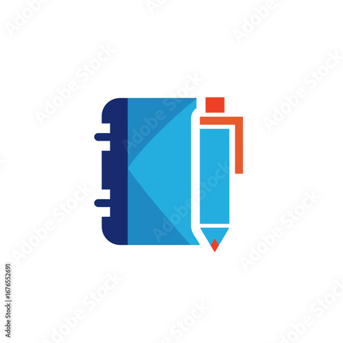 Stylized illustration of a blue notebook with a spiral binding and a blue and orange pen resting against it.