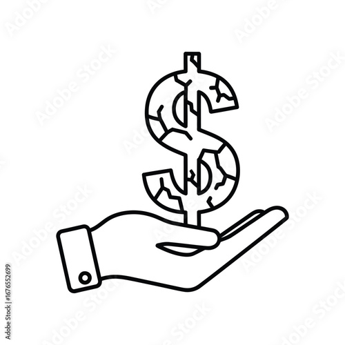 Fragile Currency: A hand tenderly cradles a cracked dollar sign, symbolizing the vulnerability and instability of financial systems.