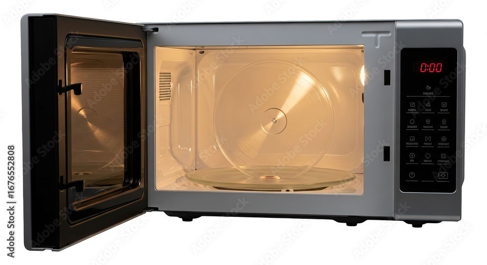 Fototapeta premium modern microwave oven streamlined design, effortless cooking, illuminated interior