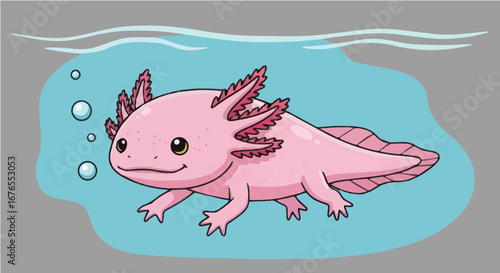 Cartoon Axolotl Swimming in Water with Bubbles, Pink Salamander Illustration