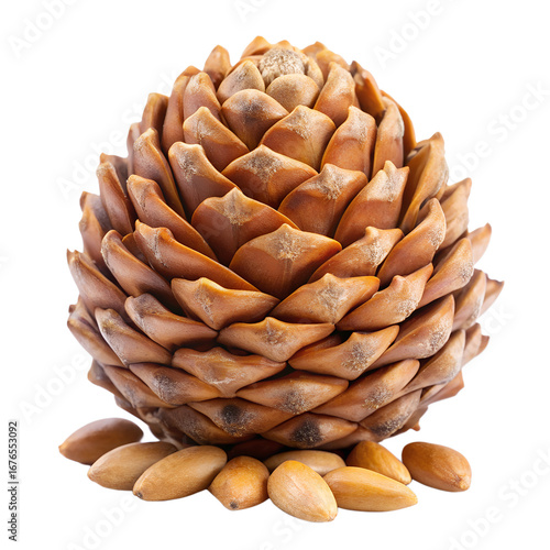A whole pine cone with pine nuts scattered around its base, isolated on transparent background