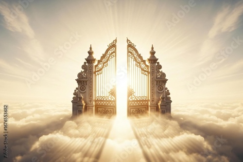 Heavenly gates open to golden light in clouds