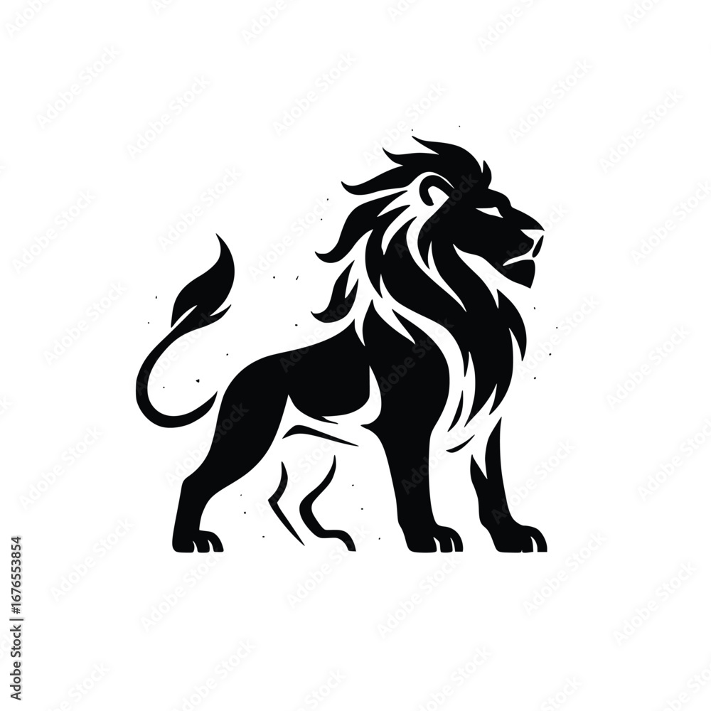 Fototapeta premium Majestic lion with a flowing mane, standing tall in a powerful pose.