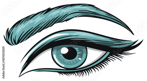 Stylized Woman's Eye and Eyebrow with Teal and Black Color Palette