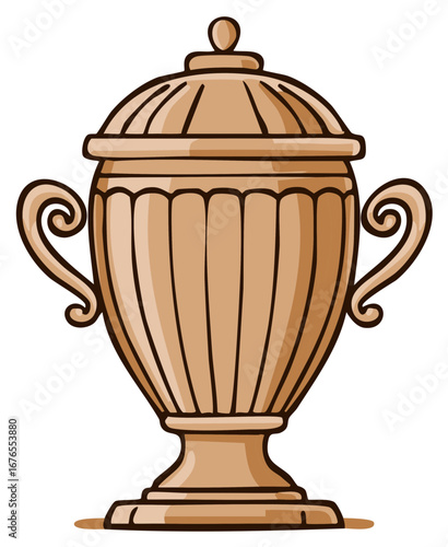 Stylized Brown Urn Illustration with Lid and Handles on White Background