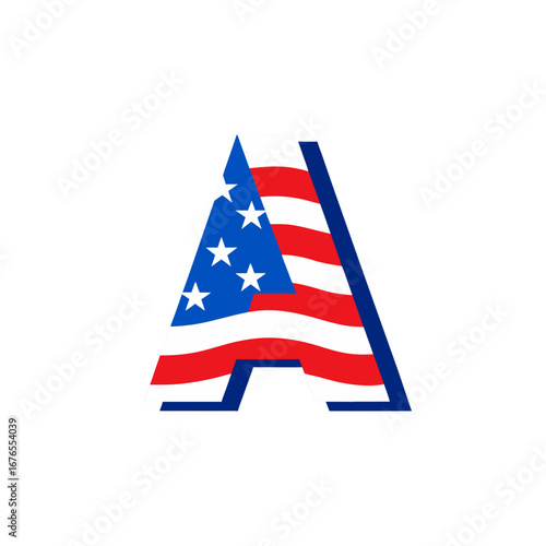 Letter a with american flag pattern and blue border on transparent background