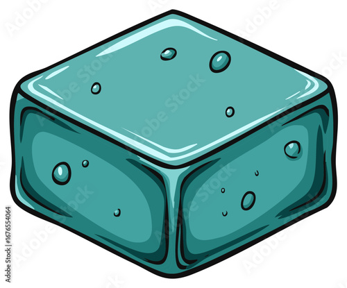 Refreshing glossy teal ice cube illustration with trapped air bubbles and a translucent texture