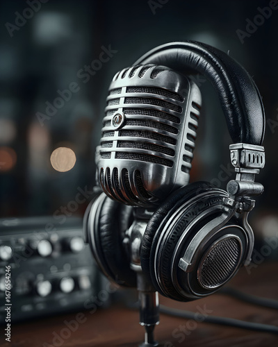Retro microphone and headphones on a table