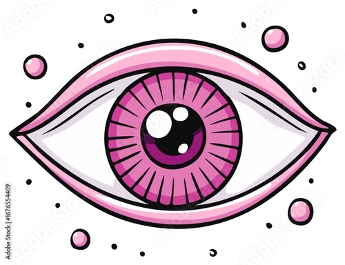 Vibrant pink and purple cartoon eye detailed illustration with abstract floating spheres and dots mystical design