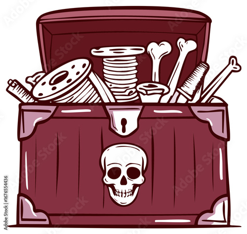 Open wooden treasure chest filled with bones tools and spools featuring a skull emblem cartoon illustration
