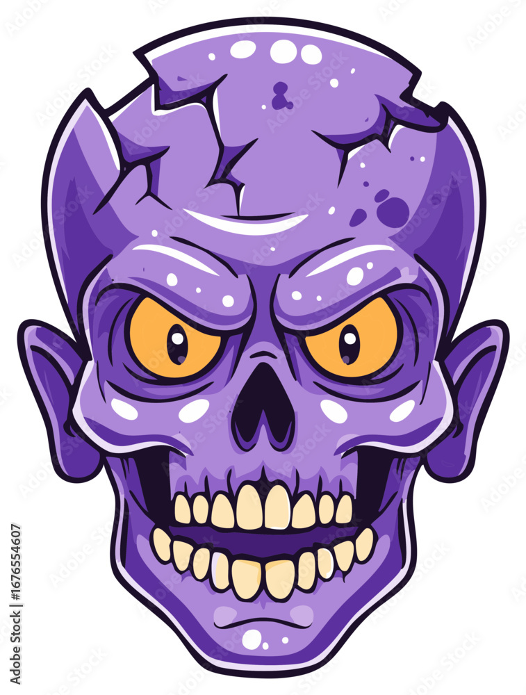 Fototapeta premium Purple zombie skull with cracked head and glowing yellow eyes cartoon illustration