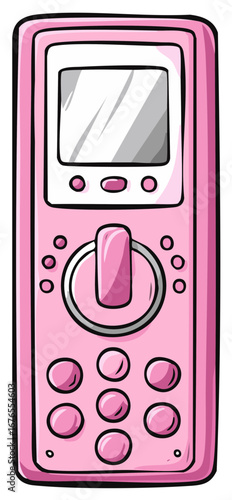 Cartoon pink electrical multimeter illustration with buttons and display
